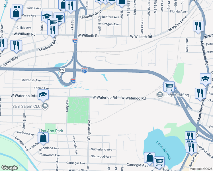 map of restaurants, bars, coffee shops, grocery stores, and more near 893 Kohler Avenue in Akron