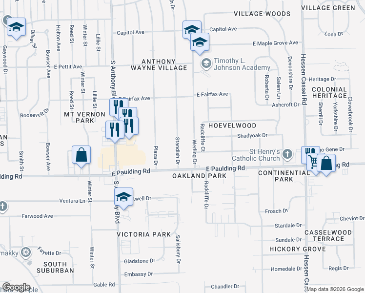 map of restaurants, bars, coffee shops, grocery stores, and more near 5605 Standish Drive in Fort Wayne