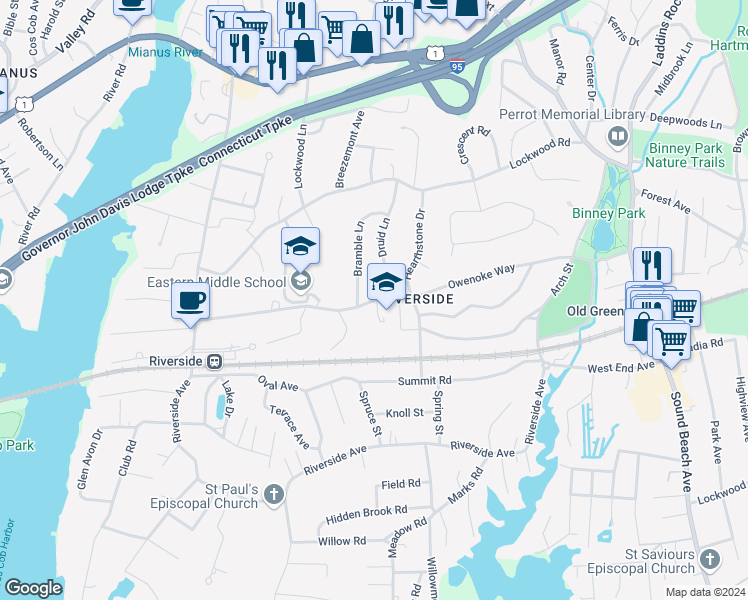 map of restaurants, bars, coffee shops, grocery stores, and more near 78 Hendrie Avenue in Greenwich