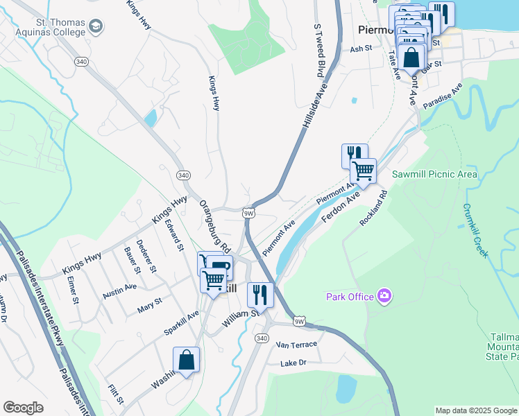 map of restaurants, bars, coffee shops, grocery stores, and more near 66 Roundtree Circle in Piermont