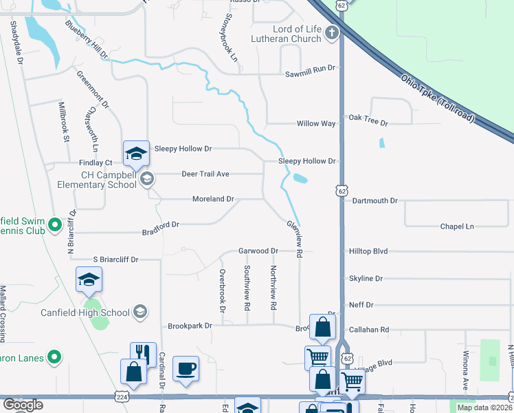 map of restaurants, bars, coffee shops, grocery stores, and more near 203 Moreland Drive in Canfield