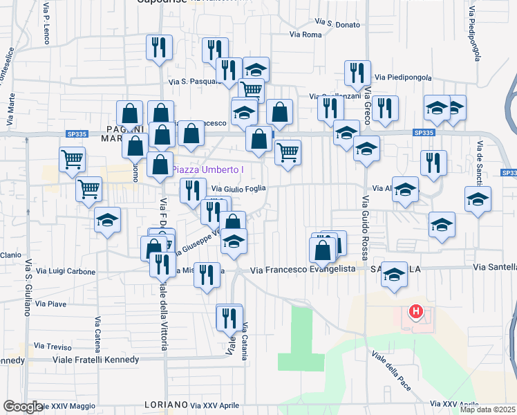 map of restaurants, bars, coffee shops, grocery stores, and more near 95 Via Giuseppe Verdi in Marcianise