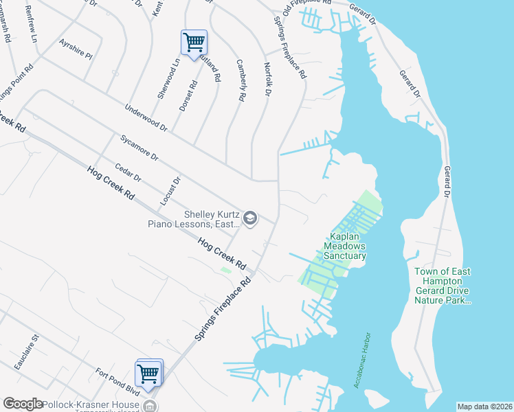 map of restaurants, bars, coffee shops, grocery stores, and more near 10 Sycamore Drive in East Hampton