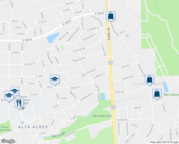 map of restaurants, bars, coffee shops, grocery stores, and more near 1118 Bella Vista Drive in Fruit Heights