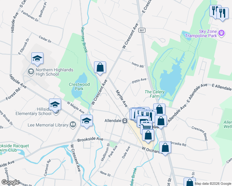 map of restaurants, bars, coffee shops, grocery stores, and more near 137 Myrtle Avenue in Allendale