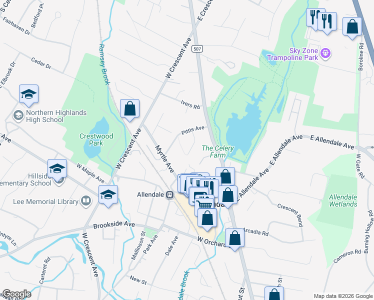 map of restaurants, bars, coffee shops, grocery stores, and more near 54 Grey Avenue in Allendale