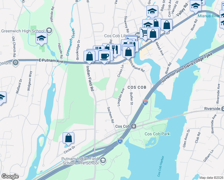 map of restaurants, bars, coffee shops, grocery stores, and more near 21 Sachem Lane in Greenwich