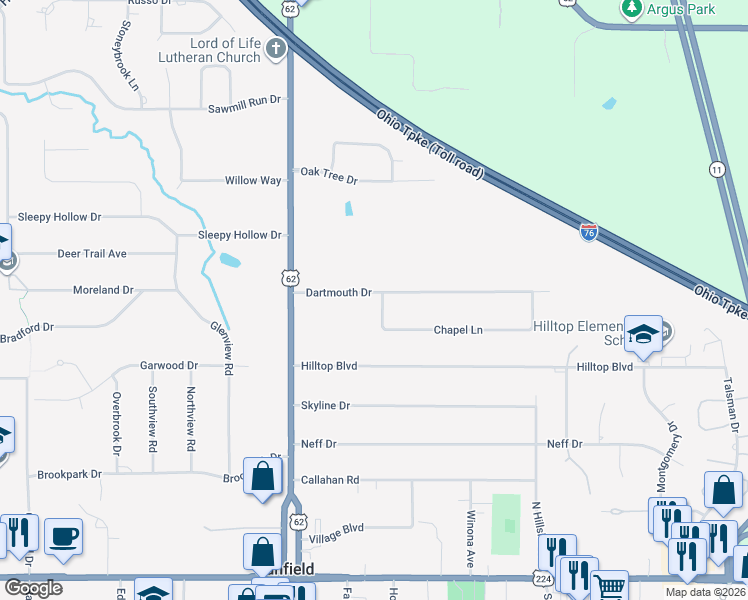 map of restaurants, bars, coffee shops, grocery stores, and more near 101 Dartmouth Drive in Canfield