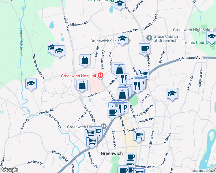 map of restaurants, bars, coffee shops, grocery stores, and more near 2 William Street in Greenwich