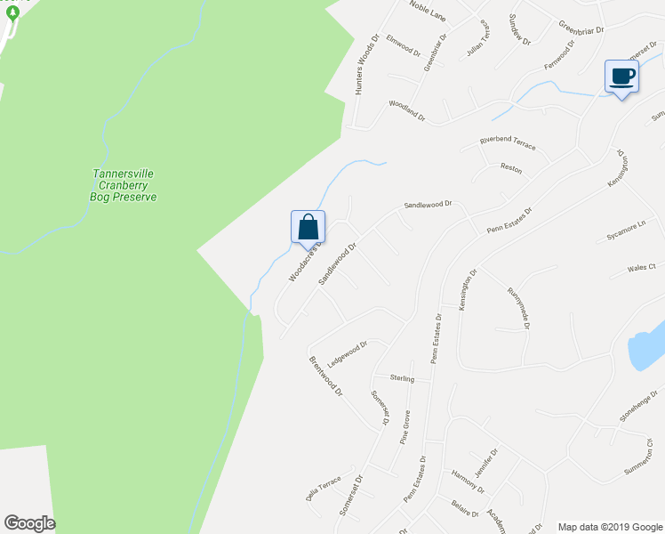 map of restaurants, bars, coffee shops, grocery stores, and more near 115 Mayfield Court in East Stroudsburg