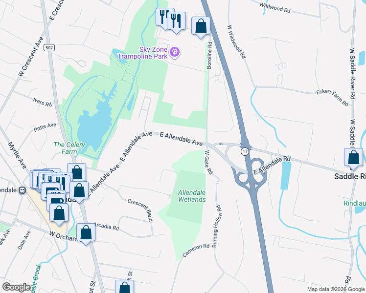 map of restaurants, bars, coffee shops, grocery stores, and more near 316 East Allendale Avenue in Allendale