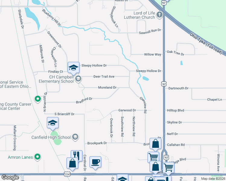 map of restaurants, bars, coffee shops, grocery stores, and more near 230 Moreland Drive in Canfield