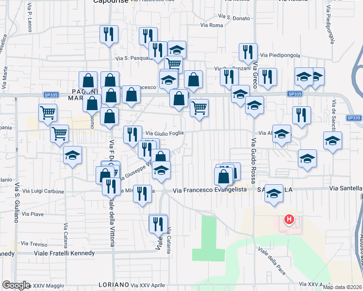 map of restaurants, bars, coffee shops, grocery stores, and more near 95 Via Giuseppe Verdi in Marcianise