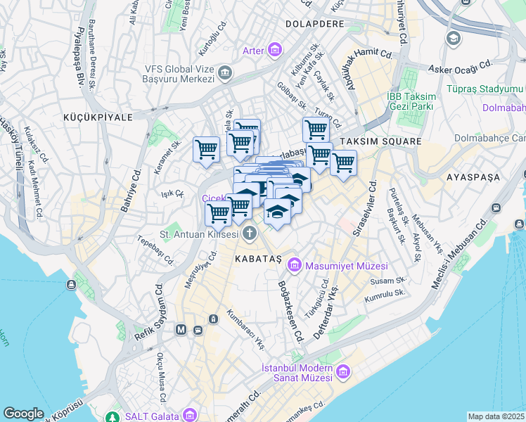 map of restaurants, bars, coffee shops, grocery stores, and more near İstiklal Caddesi in Beyoğlu