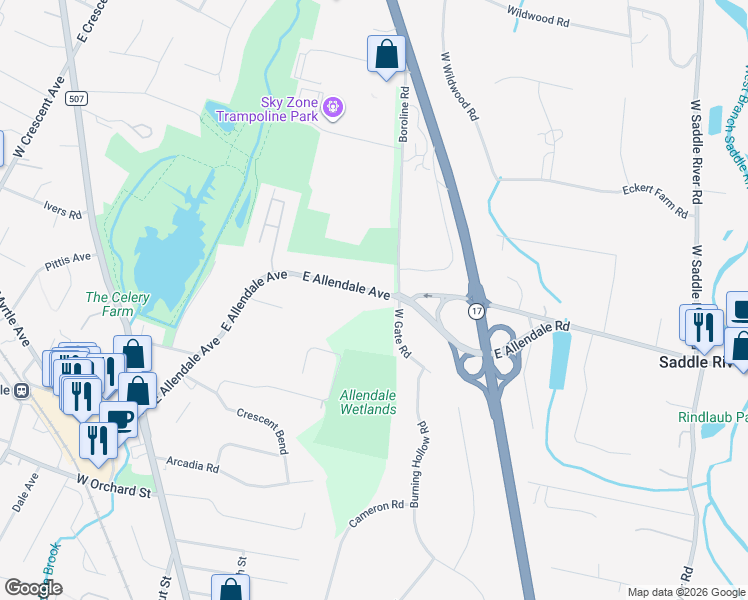 map of restaurants, bars, coffee shops, grocery stores, and more near 356 East Allendale Avenue in Allendale