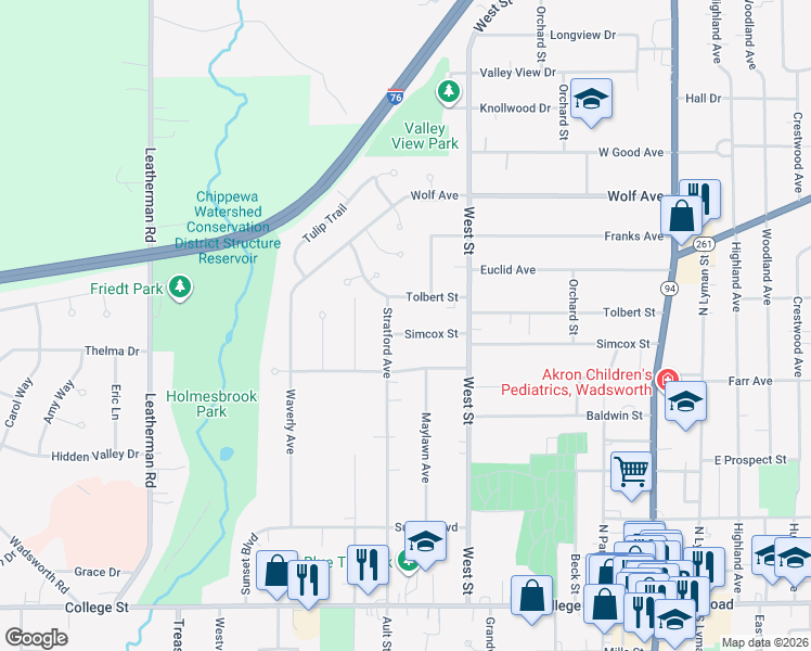 map of restaurants, bars, coffee shops, grocery stores, and more near 356 Simcox Street in Wadsworth