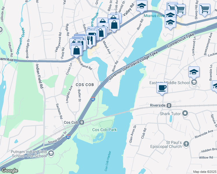 map of restaurants, bars, coffee shops, grocery stores, and more near 1 River Road in Greenwich