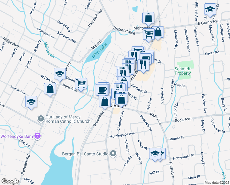 map of restaurants, bars, coffee shops, grocery stores, and more near 140 Kinderkamack Road in Park Ridge