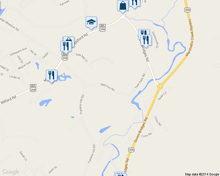 map of restaurants, bars, coffee shops, grocery stores, and more near Red Fox Road in East Stroudsburg