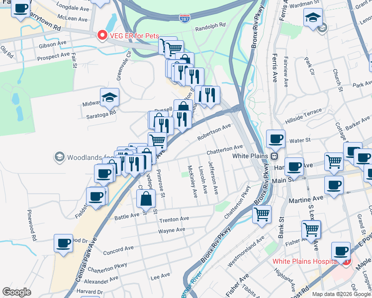 map of restaurants, bars, coffee shops, grocery stores, and more near 309 Central Avenue in White Plains