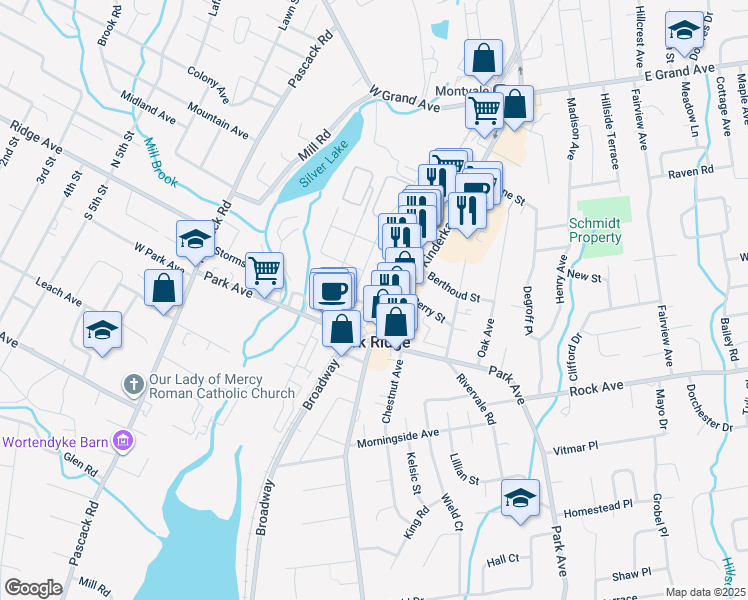map of restaurants, bars, coffee shops, grocery stores, and more near 140 Kinderkamack Road in Park Ridge