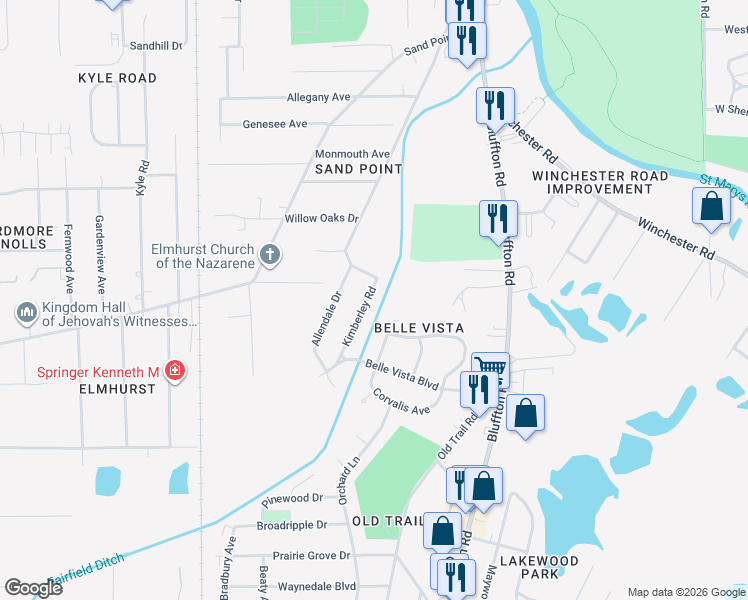 map of restaurants, bars, coffee shops, grocery stores, and more near 5517 Kimberley Road in Fort Wayne
