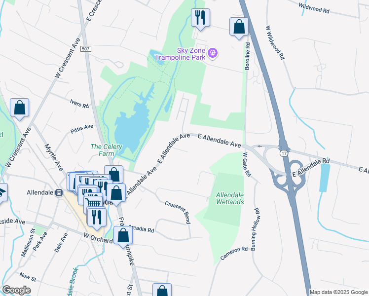 map of restaurants, bars, coffee shops, grocery stores, and more near 200 East Allendale Avenue in Allendale
