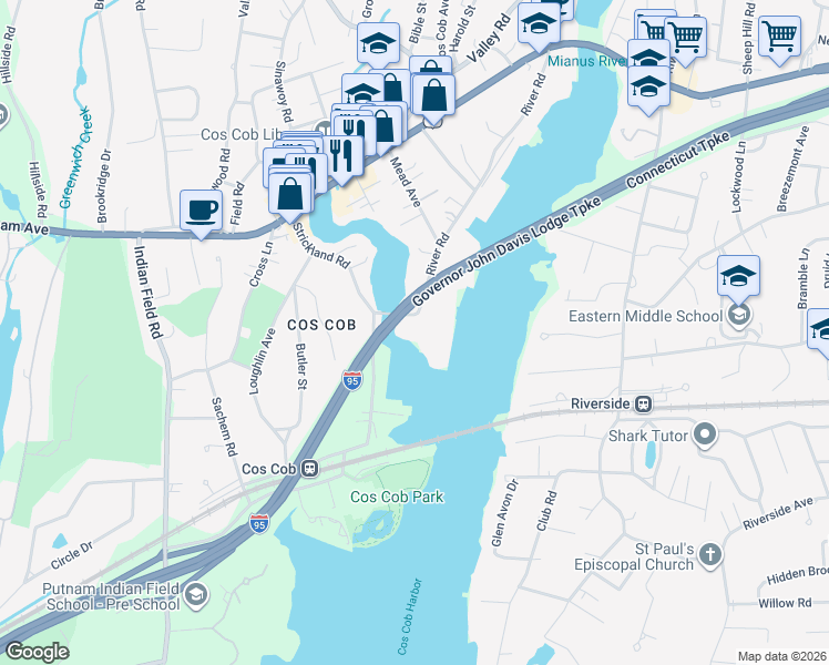 map of restaurants, bars, coffee shops, grocery stores, and more near 1 River Road in Greenwich