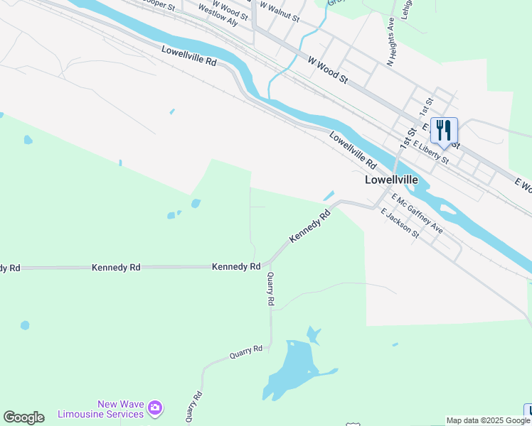 map of restaurants, bars, coffee shops, grocery stores, and more near 5689 Annie Street in Lowellville