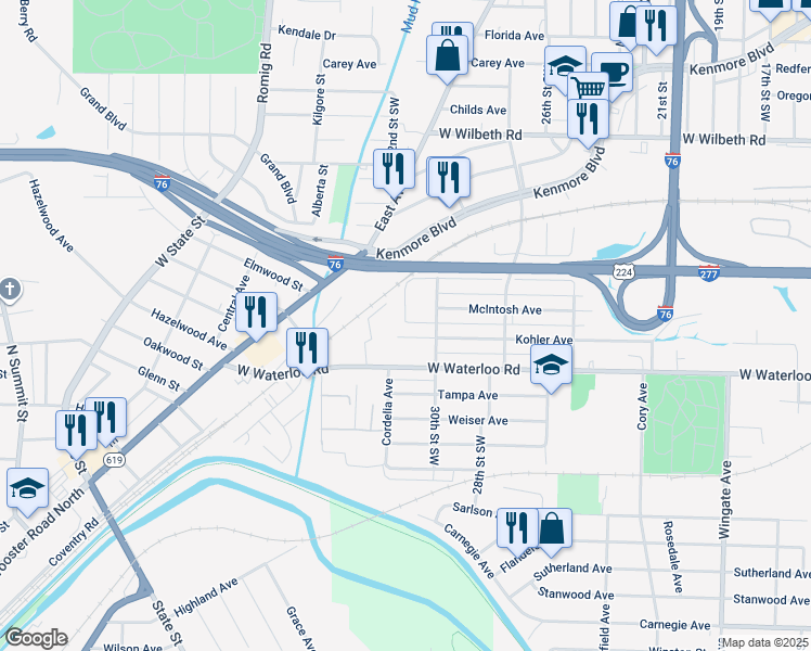 map of restaurants, bars, coffee shops, grocery stores, and more near 1313 Kohler Avenue in Akron