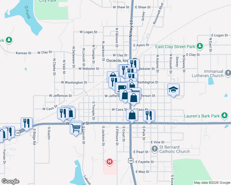 map of restaurants, bars, coffee shops, grocery stores, and more near 120 South Fillmore Street in Osceola