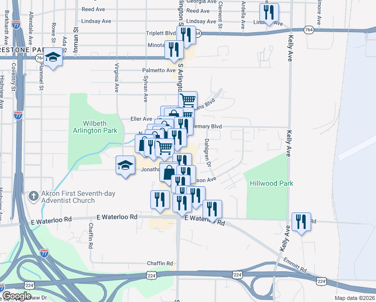 map of restaurants, bars, coffee shops, grocery stores, and more near 1419 South Arlington Street in Akron