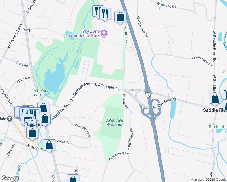 map of restaurants, bars, coffee shops, grocery stores, and more near 316 East Allendale Avenue in Allendale