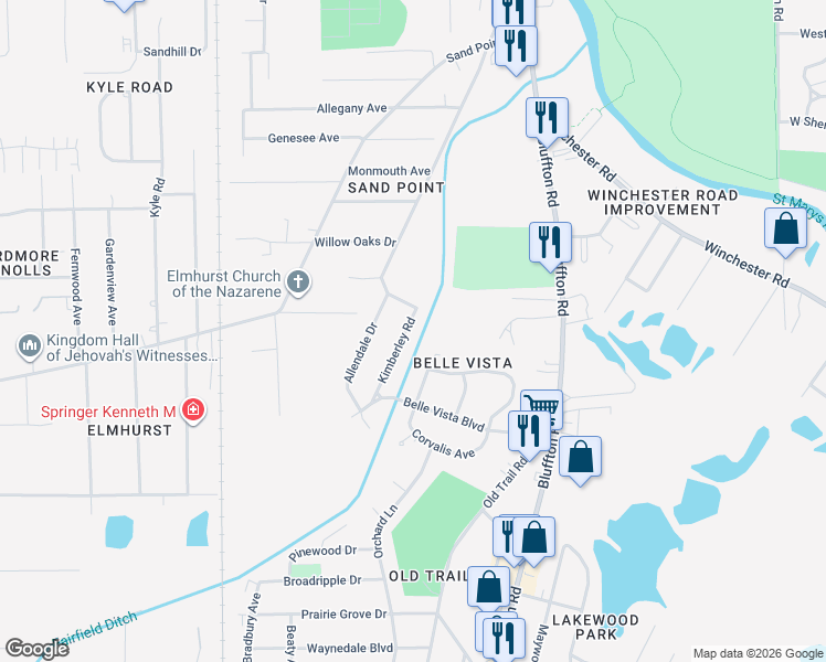 map of restaurants, bars, coffee shops, grocery stores, and more near 5517 Kimberley Road in Fort Wayne