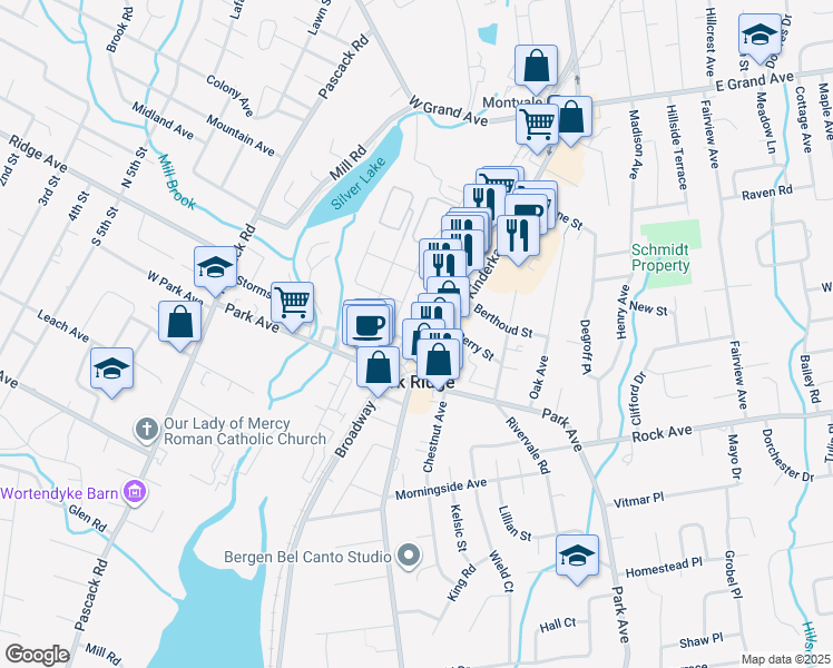 map of restaurants, bars, coffee shops, grocery stores, and more near 87 Madison Avenue in Park Ridge
