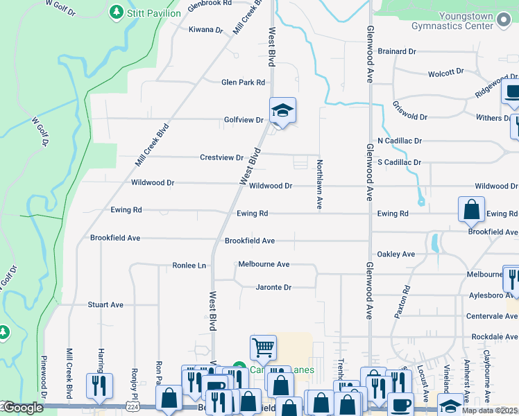 map of restaurants, bars, coffee shops, grocery stores, and more near 470 Ewing Road in Youngstown