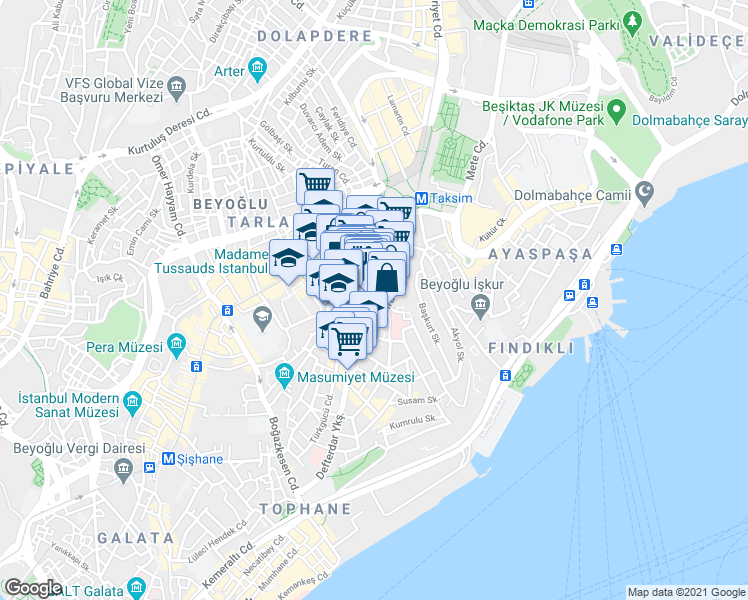 map of restaurants, bars, coffee shops, grocery stores, and more near 12 Hocazade Sokak in Beyoğlu