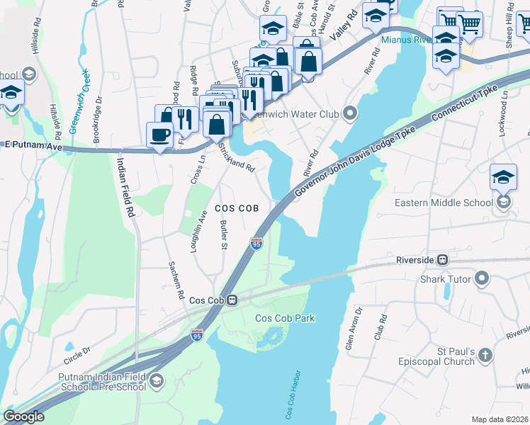 map of restaurants, bars, coffee shops, grocery stores, and more near 47 Strickland Road in Greenwich