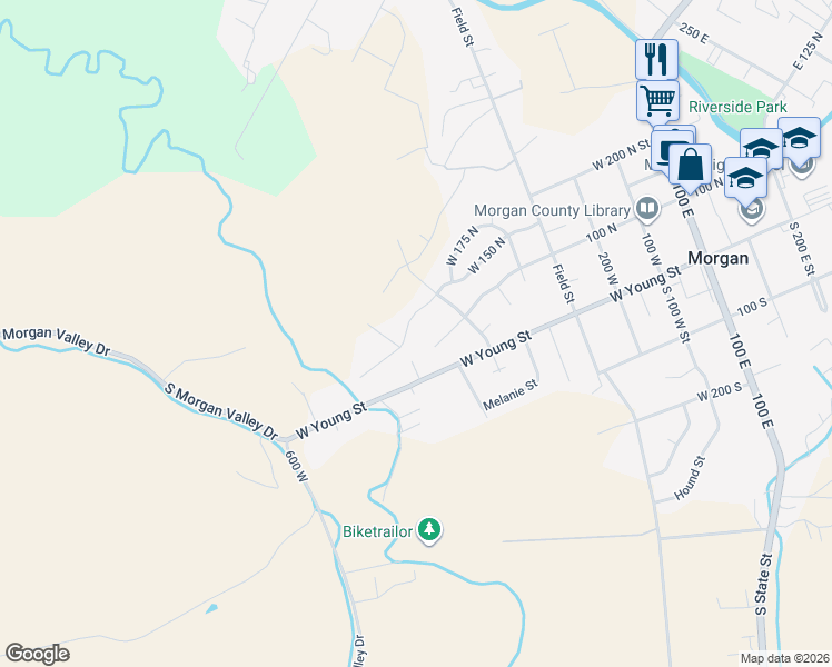 map of restaurants, bars, coffee shops, grocery stores, and more near 623 West 150 North in Morgan