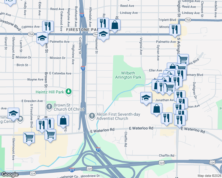 map of restaurants, bars, coffee shops, grocery stores, and more near 721 Thoreau Avenue in Akron