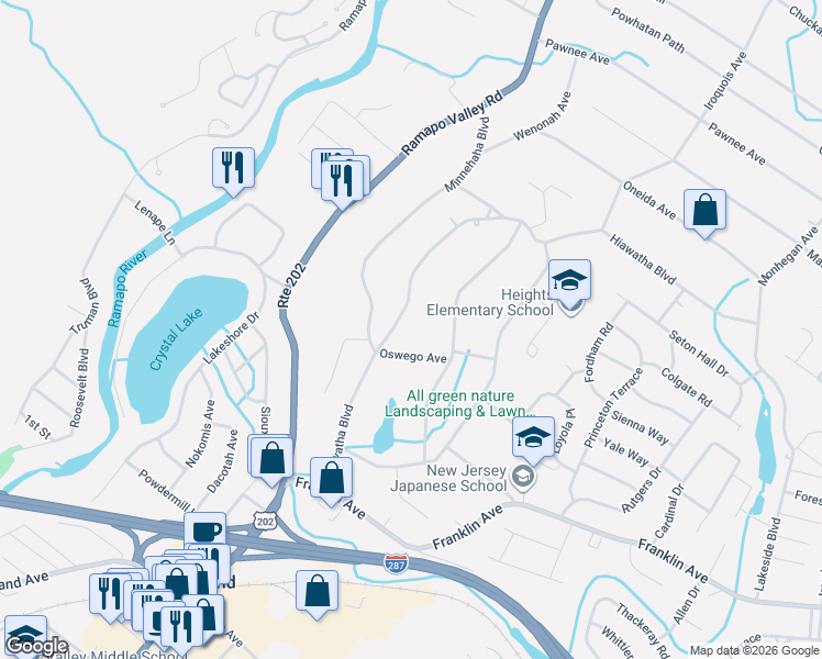 map of restaurants, bars, coffee shops, grocery stores, and more near 72 Hiawatha Blvd in Oakland