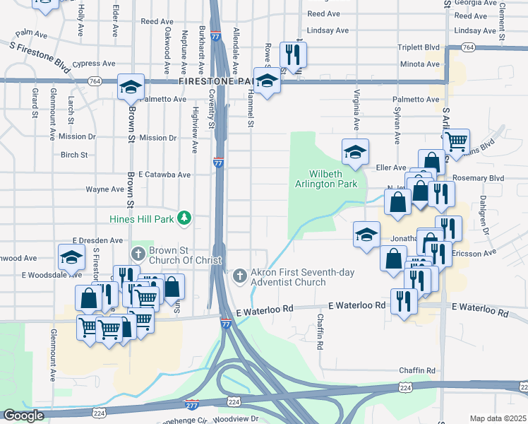 map of restaurants, bars, coffee shops, grocery stores, and more near 687 Thoreau Avenue in Akron