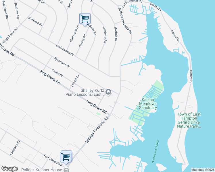 map of restaurants, bars, coffee shops, grocery stores, and more near 10 Sycamore Drive in East Hampton