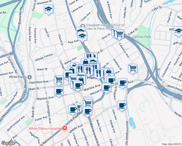 map of restaurants, bars, coffee shops, grocery stores, and more near 1 North Broadway in White Plains