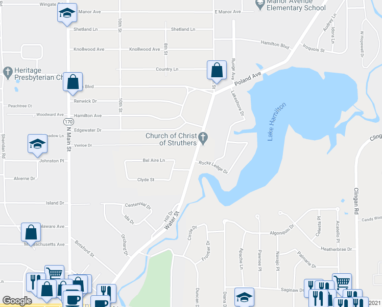 map of restaurants, bars, coffee shops, grocery stores, and more near 5846 Poland Struthers Road in Poland