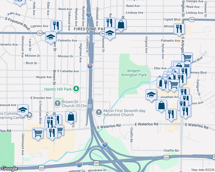 map of restaurants, bars, coffee shops, grocery stores, and more near 681 Thoreau Avenue in Akron
