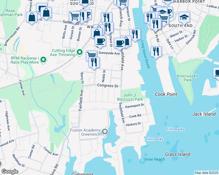 map of restaurants, bars, coffee shops, grocery stores, and more near 36 Congress Street in Stamford