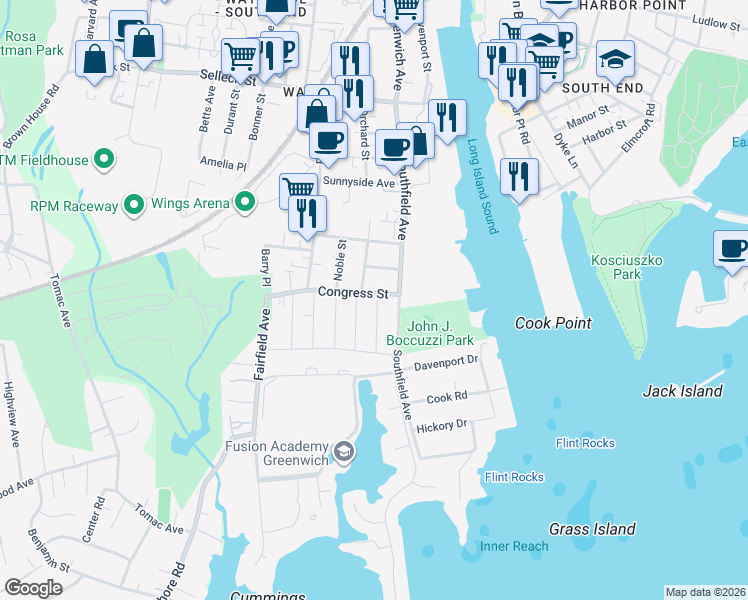 map of restaurants, bars, coffee shops, grocery stores, and more near 36 Congress Street in Stamford