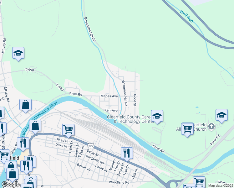 map of restaurants, bars, coffee shops, grocery stores, and more near 227 Mapes Avenue in Clearfield