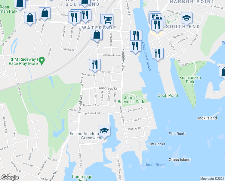map of restaurants, bars, coffee shops, grocery stores, and more near 28 Congress Street in Stamford